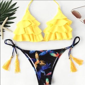 Host Pick! Bird print tassel tie flounce bikini S